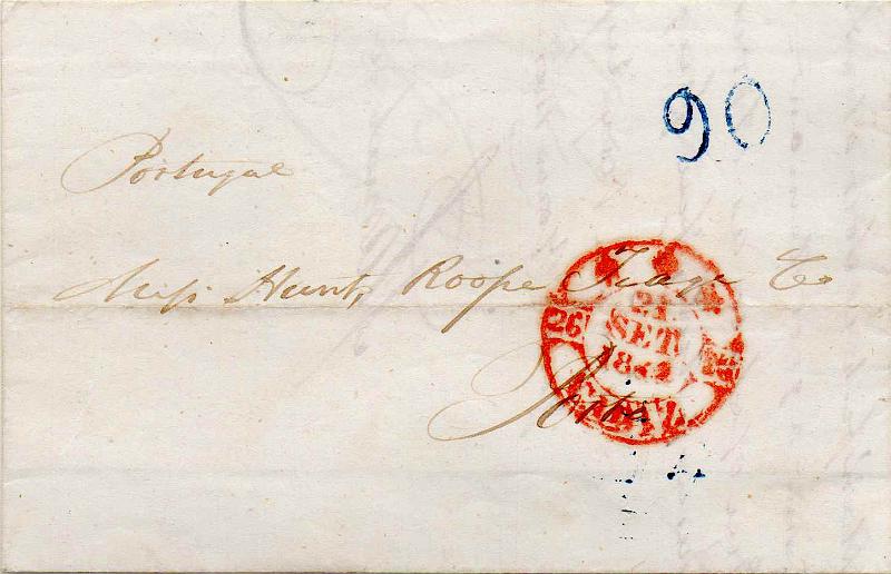 0325 f.jpg -     Lote:    325 (frente)                   Descrição:         Porto &mdash; A azul, GM PRT19 em carta remetida de Cadiz (21.09.44) para o Porto (29.09.44) com trânsito por Lisboa (27.09.44), com o porte de 90 reis batido a azul.        Carta       Valor Base:     &euro; 12,00     Valor Venda:     &euro;      